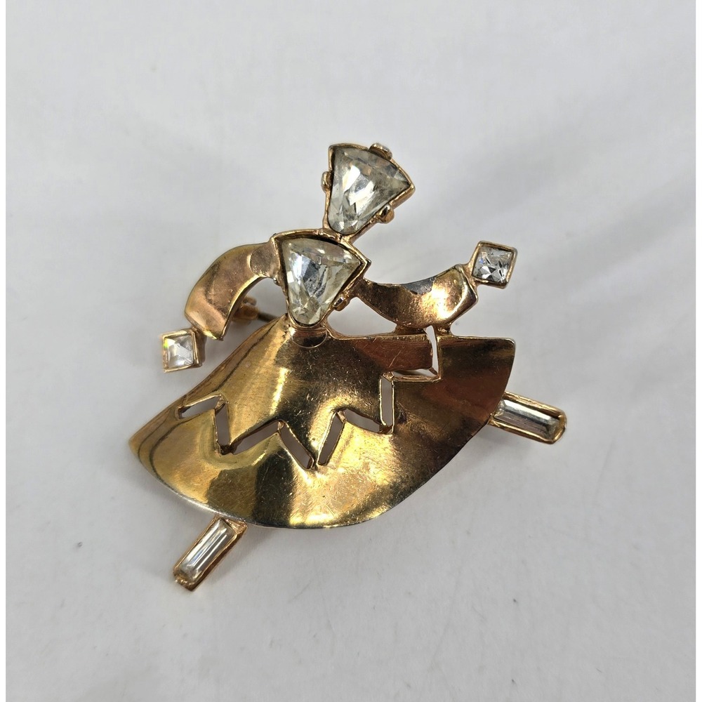 Vintage Gold Tone Abstract Dancer Brooch Clear Rhinestone Art Deco Modernist Pin